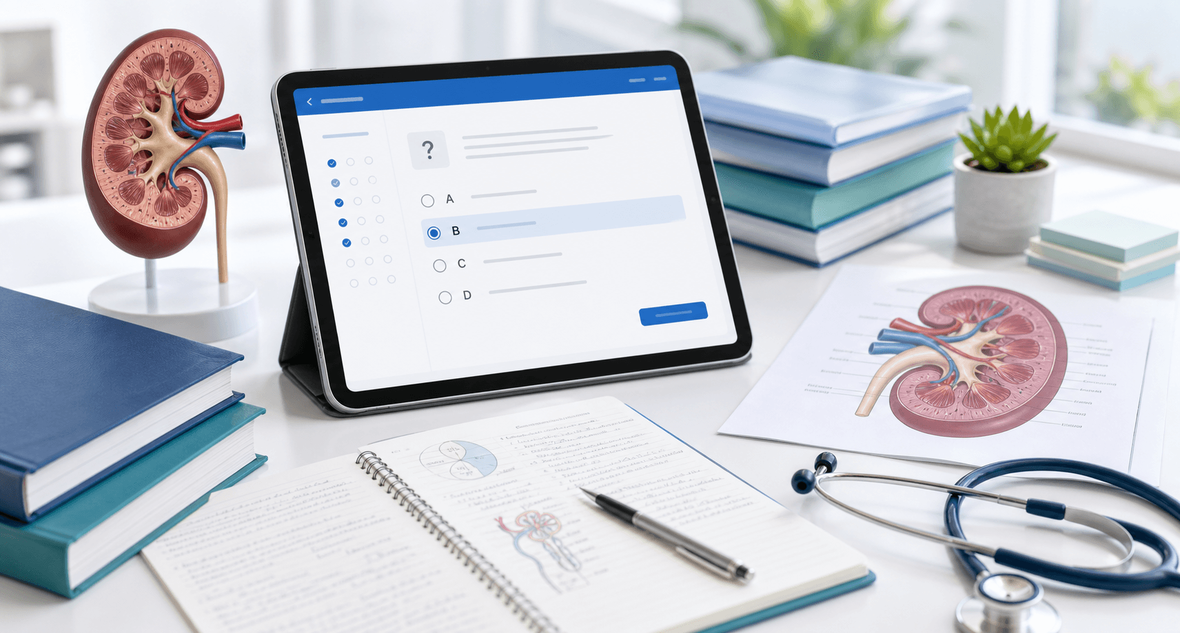 Nephrology exam preparation desk with kidney study material